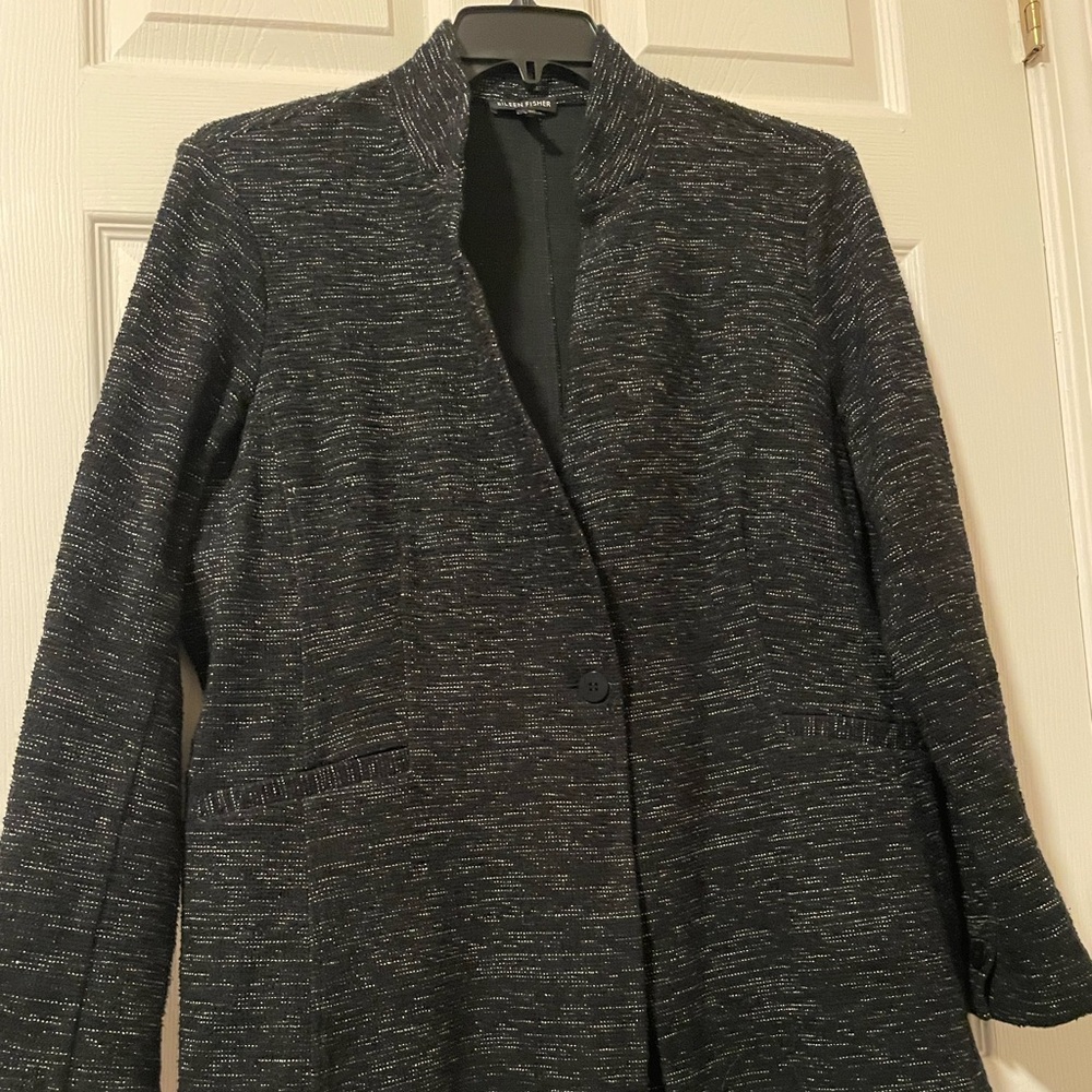 Eileen Fisher Black and Gray Textured Knit Blazer Jacket